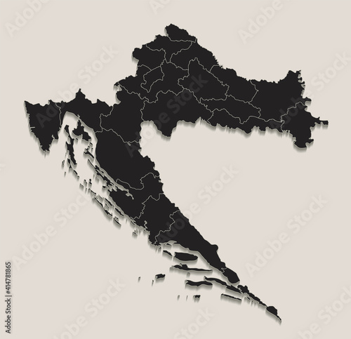 Black map of Croatia with of regions, design blackboard blank