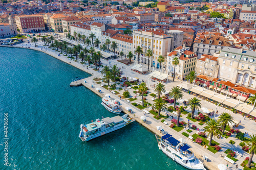 Aerial view of cityscape of Croatian city Split behind Riva promenade