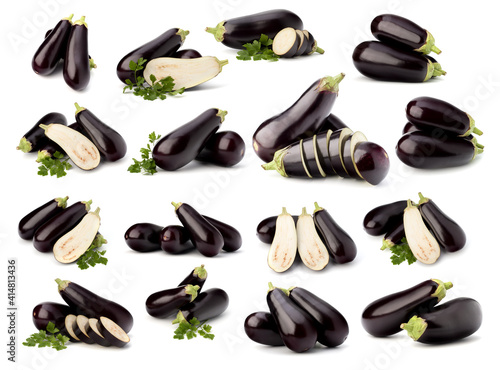 Eggplant isolated on white background. Set of different composition of eggplants.