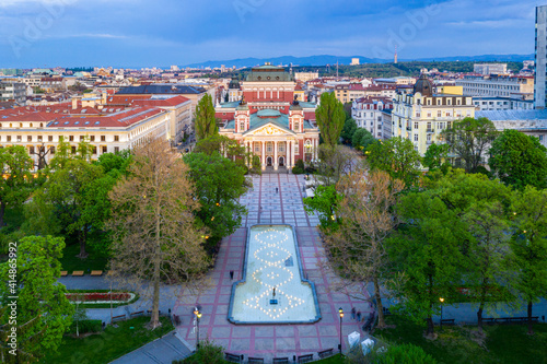 Sunset aerial view of Ivan Vazov Theatre in Sofia, Bulgaria