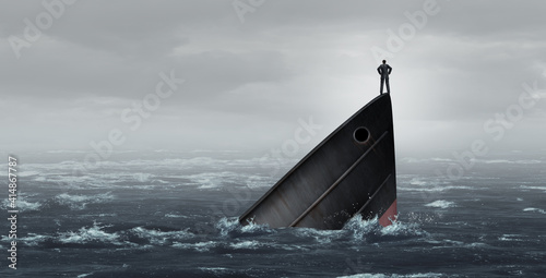 Sinking ship metaphor and failing business despair concept as a stranded businessman lost at sea as a failed corporate idea for financial crisis or being lost and needing career or financial help to e