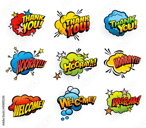 Comic retro exclamations and greeting speech clouds. Thank you, hooray and welcome pop art explosion bubbles. Comics blast clouds, icons or vintage stickers with exclamations and expressions