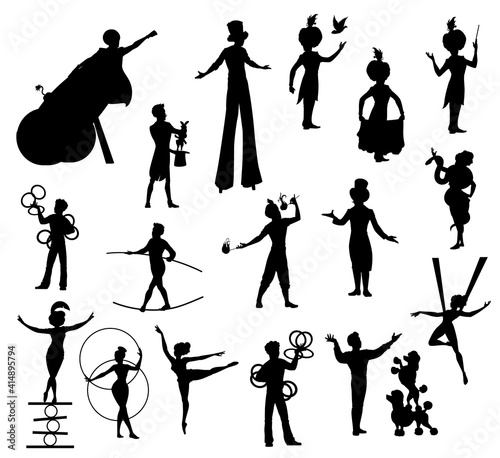 Circus performers black silhouettes, carnival top tent vector artists clown, acrobat and man cannon ball, trained dogs, juggler, magician and trapeze girl, woman with snake, balancer and tamer set