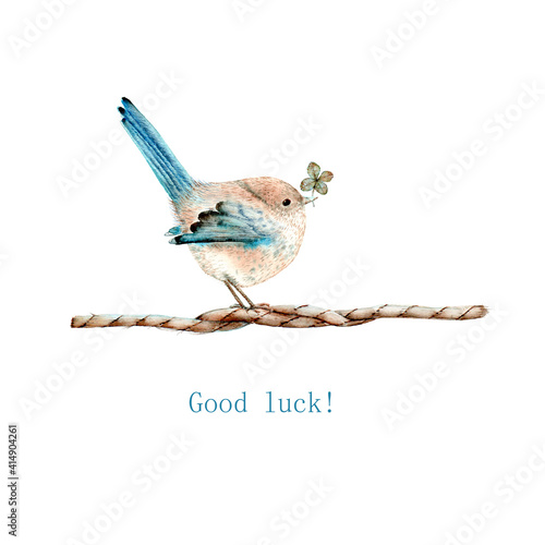Watercolor illustration with a bird and a four leaf clover for good luck sitting on a rope. Isolated on white background for design, cards and other things.