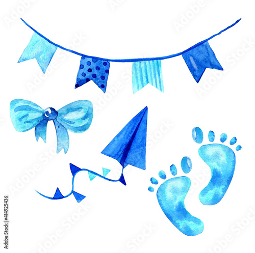 Watercolor baby boy blue illustration set