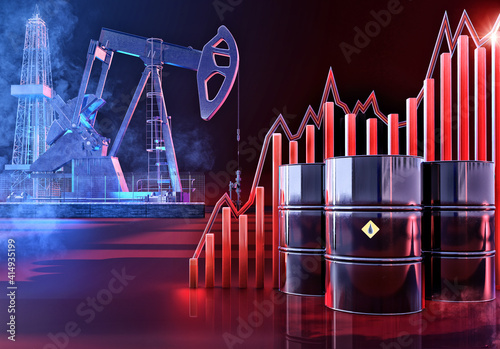 Increasing oil stock price. Oil price up growth graph 3D background: oil pump, drill rig, barrels, energy high price charts rise. Coronavirus covid-19 impact on brent oil market economy fluctuations 