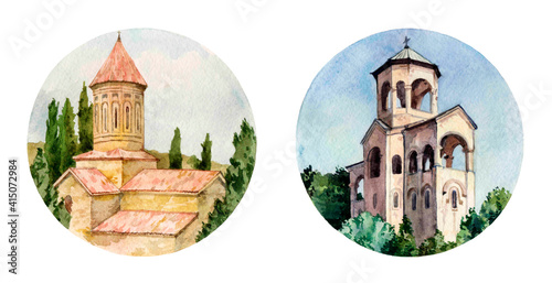 Watercolor architectural illustrations in circles on white background. Ananuri castle and Bell tower of the Holy Trinity Cathedral of Tbilisi, Georgia.