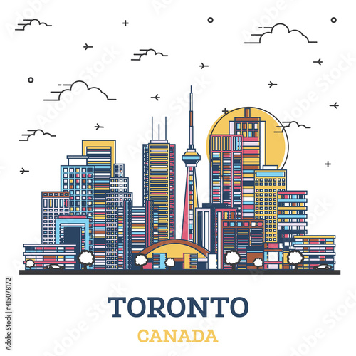 Outline Toronto Canada City Skyline with Colored Modern Buildings Isolated on White.