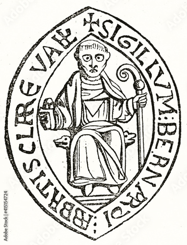 Saint-Bernard seal reproduction. isolated black and white medieval minimal style art in a text frame by unidentified author, Magasin Pittoresque, 1838