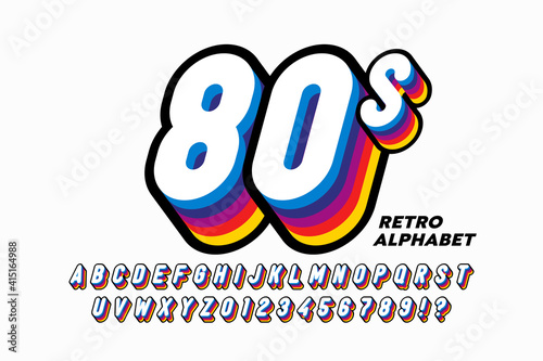 80's style colorful retro 3D font, alphabet letters and numbers