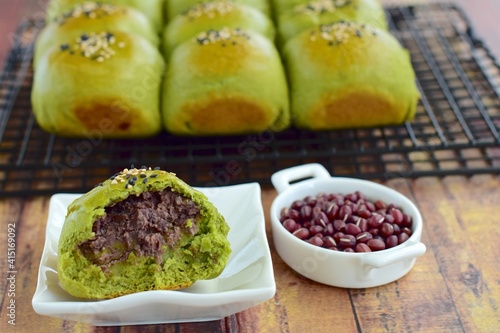 Matcha green tea buns with Adzuki red bean filling