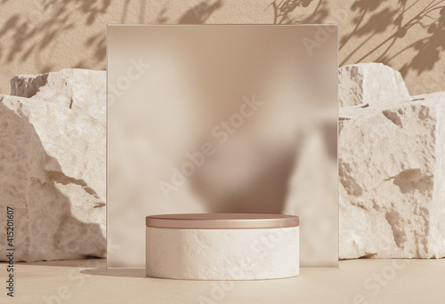 Mockup empty stone podium with rough glass frame. Minimal background for branding and product presentation. 3d rendering cosmetics, beauty product promotion pedestal.