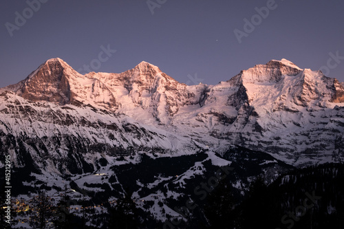 last light on eiger mönch and jungfrau mountain in the bernese alps lauterbrunnen wengen grindelwald