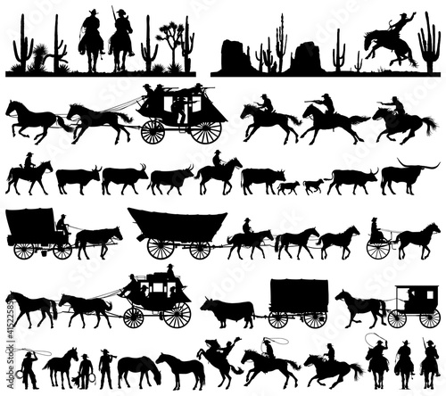 Wild west cowboy with longhorn horse stagecoach carriage icons vector silhouette collection