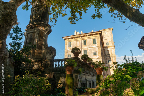 Villa Aldobrandini in Frascati, Villa Belvedere, detail of the noble palace seen from the secret garden with its hydrangea plants and its centuries-old plane trees. Frascati, Castelli Romani, Rome, It