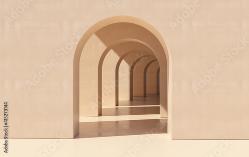 3d rendering. Arch hallway simple geometric background, architectural corridor, portal, arch columns inside empty wall. Modern minimal concept