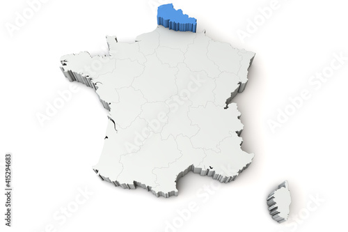 Map of France showing nord pas de calais region. 3D Rendering