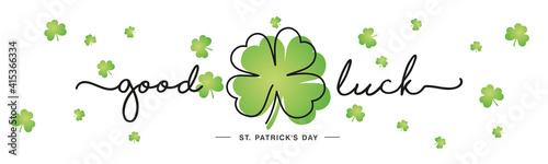 Good Luck St Patrick's Day handwritten typography lettering line design four leaf clover and many small clovers on isolated white background banner