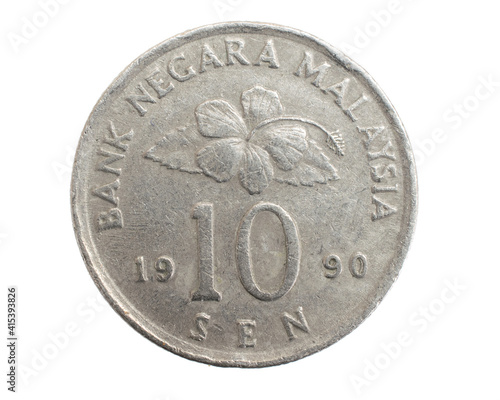 Malaysia ten sen coin on a white isolated background