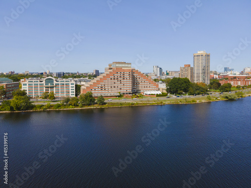 Pyramid shape Hyatt Regency Cambridge at Charles River in city of Cambridge, Boston, Massachusetts MA, USA.