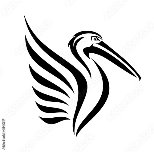 pelican bird with beautiful stylized wing side view head black and white vector outline