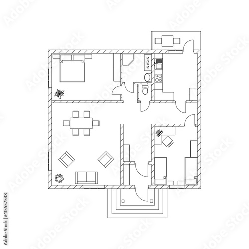 House interior suburban house. Black and White floor plan of a modern apartment. Vector blueprint. Architectural background.