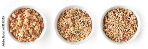 Set of whole grain muesli isolated on white, from above
