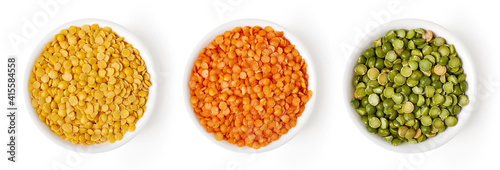 Set of lentils isolated on white, from above