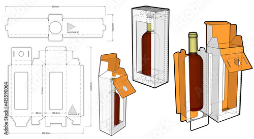 Packaging for one bottle of wine and Die-cut Pattern. The .eps file is full scale and fully functional. Prepared for real cardboard production.