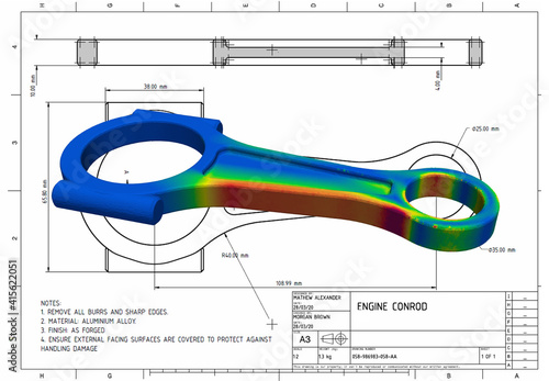 3D Illustration. Side on view Von Mises engineering stress plot of an engine connecting rod on technical drawing