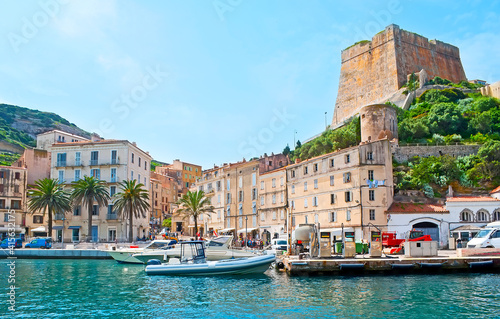The old Bonifacio and Citadel from the harbor, Corsica, France