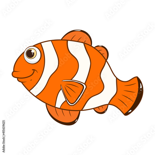 Cartoon character Clown fish isolated on white background. Tropical underwater aquatic creature. Template of cute ocean fish. Education card for kids learning animals. Vector design in cartoon style.