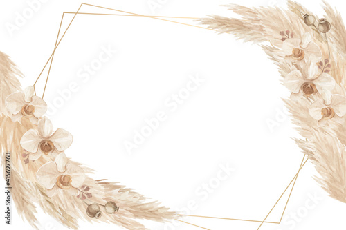 Rustic pampas grass and orchid frame background