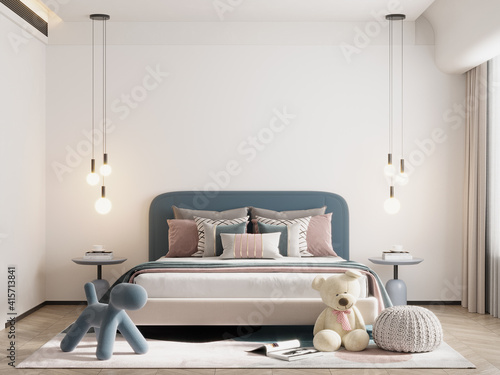 Interior Kids Bedroom Wallpaper Mockup - 3d Rendering, 3d Illustration 