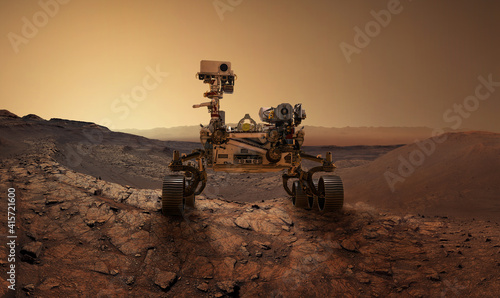  Mars 2020 Perseverance Rover is exploring surface of Mars. Perseverance rover Mission Mars exploration of red planet. Space exploration, science concept. .Elements of this image furnished by NASA.