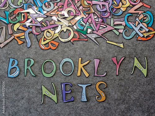 Brooklyn Nets Hand-drawn keyword colorful puzzle with grey furry background projection view