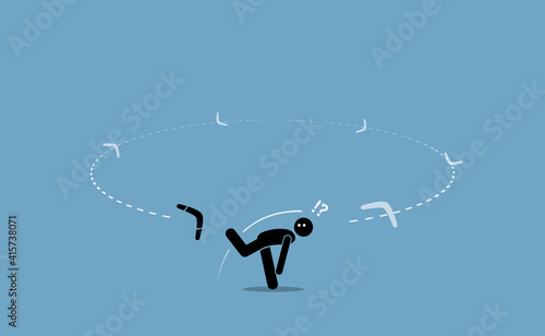 Man throwing a boomerang and surprised when it flew back to hit him from the back. Vector illustration depicts execution problem, karma, bad luck, after effect, repercussion, and consequences.