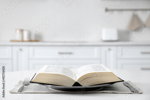 Table setting with Holy Bible on white background. Great Lent season