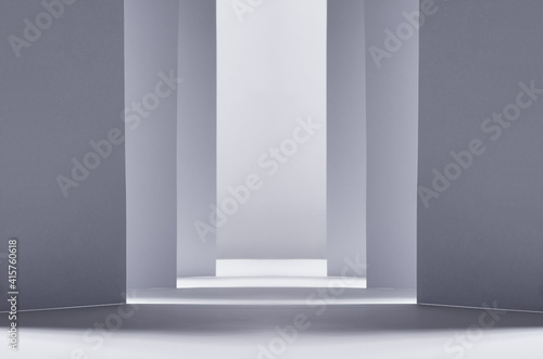 Abstract white grey background with geometric channel of stripes with perspective as scene or street, copy space.