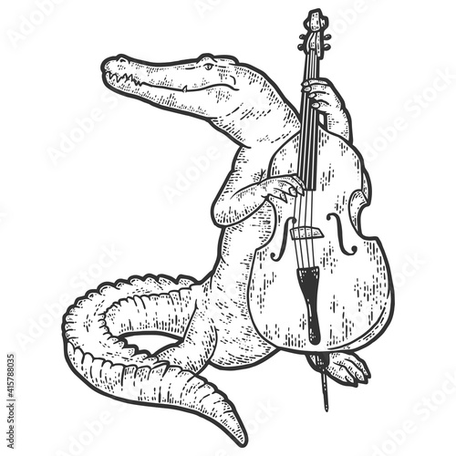 Alligator plays the double bass. Sketch scratch board imitation.