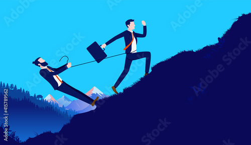 Business disagreement - Businessman holding back colleague with tight rope, restraining him from doing work. Disagreement and conflict concept. Vector illustration.
