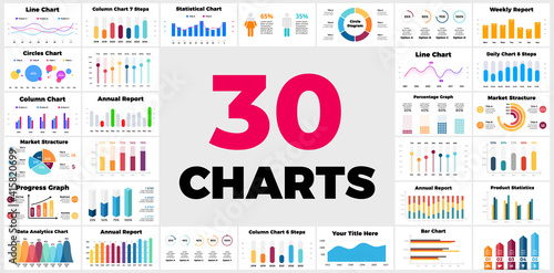 30 Infographics. Column, bar, line charts. Business financial reports. Marketing structure. Daily, weekly, annual statistics. Circle diagrams. Percentage graph. Presentation template. 