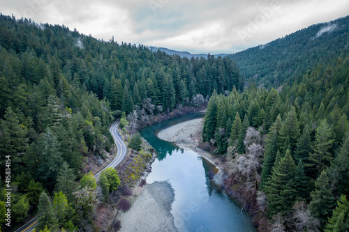 River winding through redwoods in Miranda, California