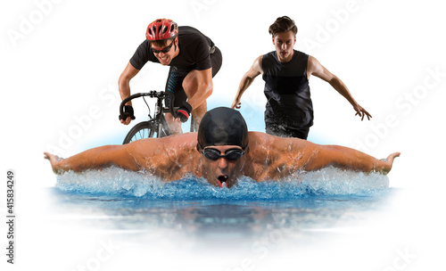 Triathlon sport collage. Isolated on white background