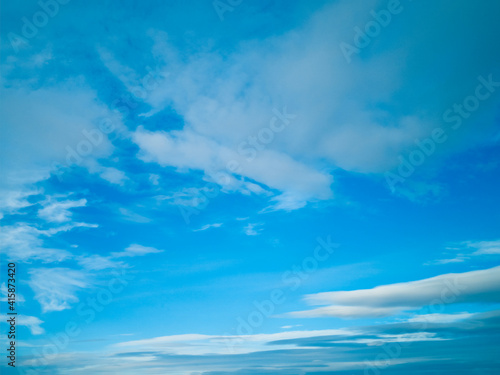 Wid blue sky,colorful stratus clouds stretching away, beautiful bright sunny day, evening.Horizontal banner,air texture abstract backdrop for text,blog,design,agency,website,pattern,model.Copy space
