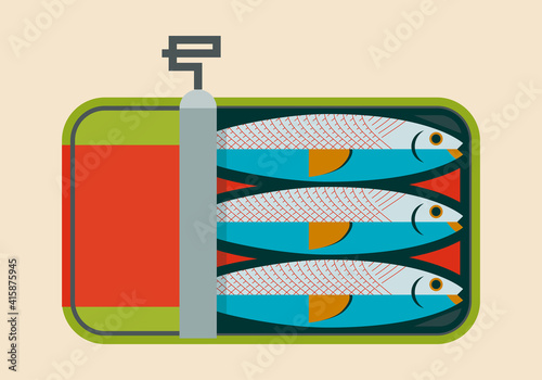 Canned sardines in flat style isolated on blue background. Vector flat illustration.