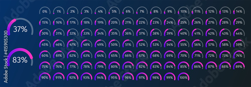 Set of circle percentage diagrams from 0 to 100 for infographics with blue and purple colors on dark background. Vector illustration.