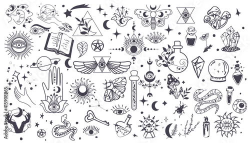 Black witch stuff. Set Witchcraft, magic elements. Collection of Mystical and Astrology objects. Mystical signs,silhouettes, zodiac signs. Vector Hand drawn elements. Astronomy. Line art illustrations