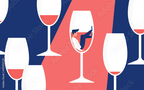 Alcohol addiction concept vector illustration. Cartoon man addict drinker character sitting in glass for red wine drink, alcoholism metaphor and hangover illness, social bad habit problem background