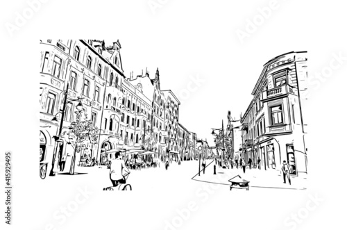 Building view with landmark of Lodz is a city in central Poland. Hand drawn sketch illustration in vector.